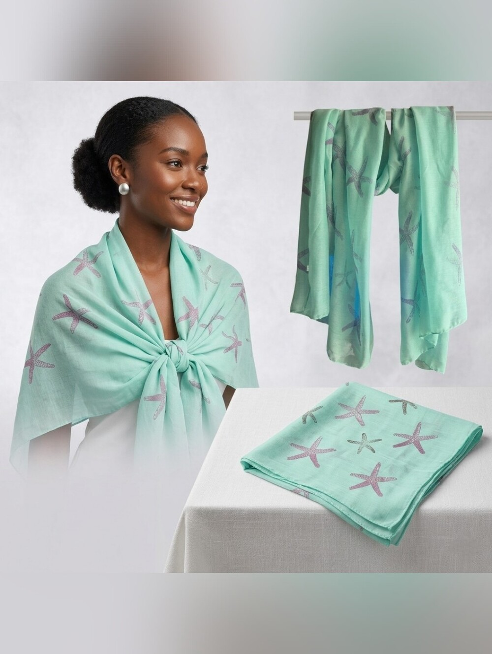 NWOT Coastal Chic Mint Green & Purple Starfish Oversized  Rectangular Scarf